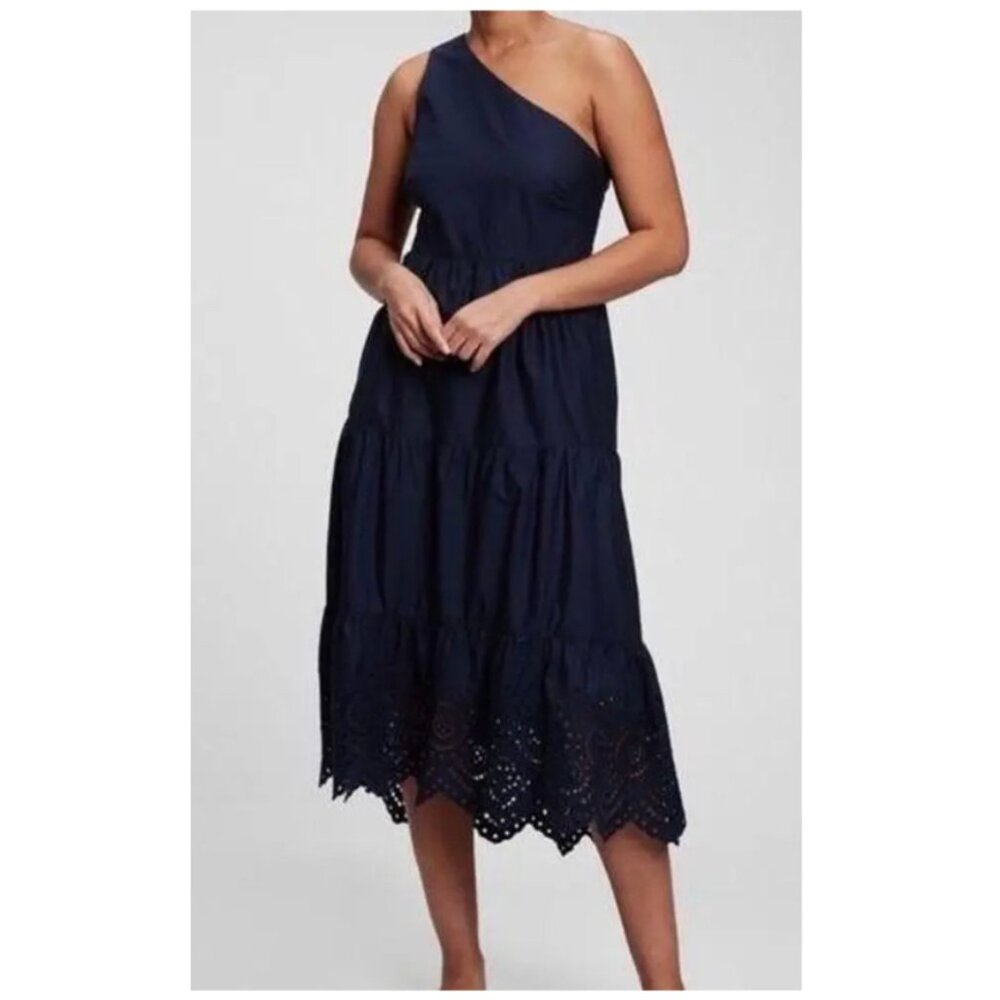 NWT Gap Petite 0P Navy One Shoulder Eyelet Midi Dress